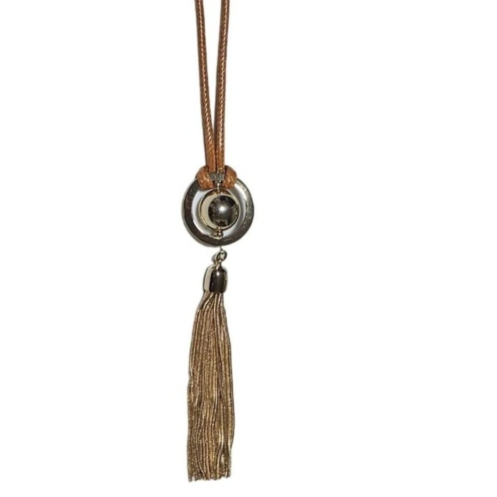 Chicos Circles Snake Chain Tassel Pendant Necklace Gold Tone Leather Cord Women